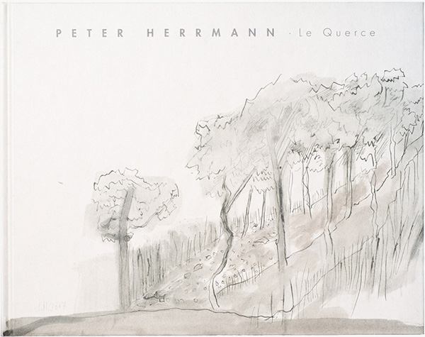 KI generiert: Das Bild zeigt eine Bleistiftzeichnung einer hügeligen Landschaft mit Bäumen. Oben steht der Name "Peter Herrmann" und der Titel "Le Querche".