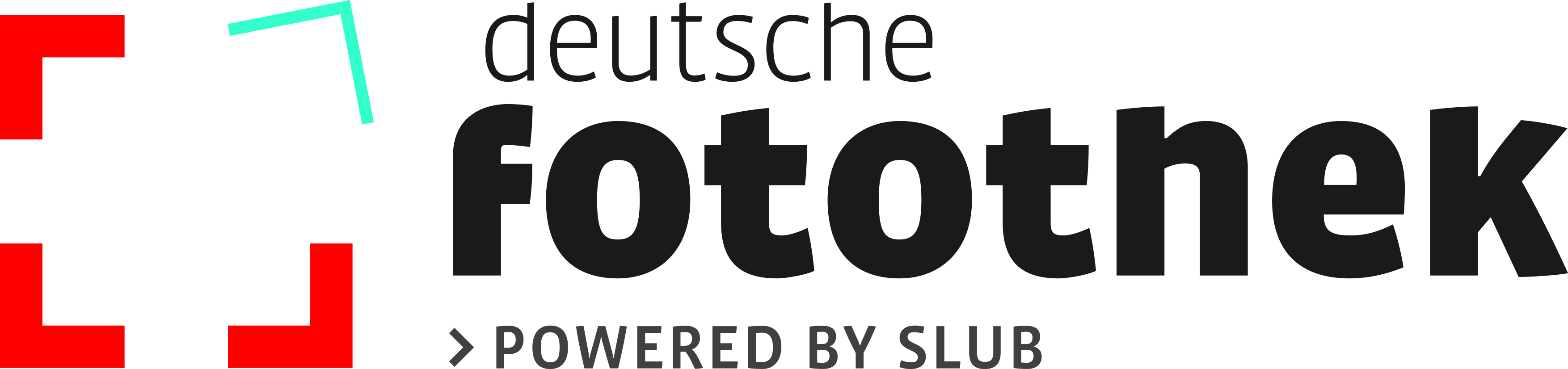 KI generiert: Das Bild zeigt das Logo der "Deutschen Fotothek", das durch markante Typografie und grafische Elemente unterstützt wird. Darunter steht "Powered by SLUB".