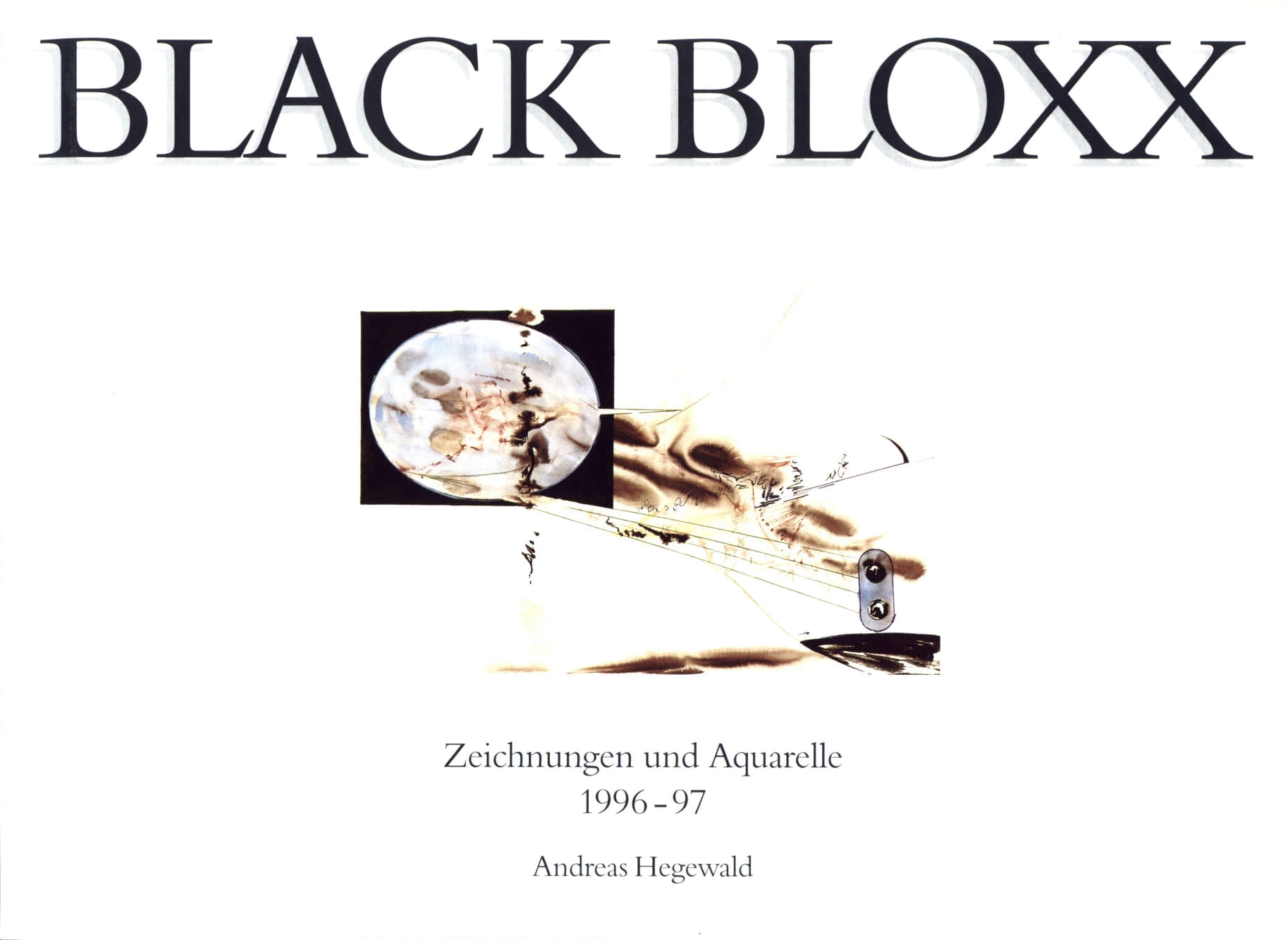 KI generiert: Das Bild ist das Cover eines Buches mit dem Titel "BLACK BLOXX", das Zeichnungen und Aquarelle von 1996-97 des Künstlers Andreas Hegewald zeigt. Im Hintergrund ist eine abstrakte Grafik zu sehen.