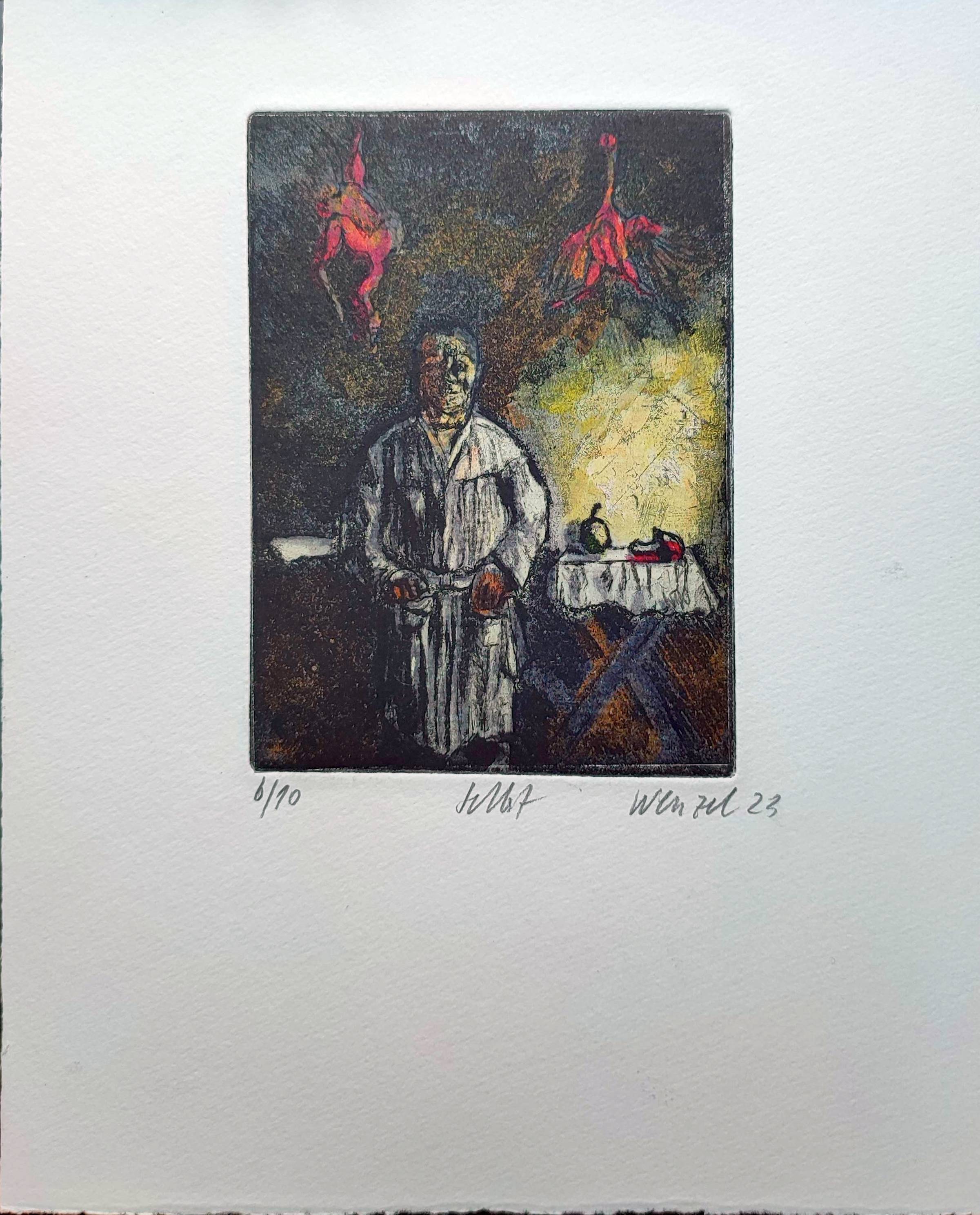 KI generiert: Das Bild zeigt eine Person in traditioneller Kleidung, die in einer düsteren Küche steht, mit zwei aufgehängten Tieren an der Wand. Auf einem Tisch neben der Person liegen Kochutensilien und Lebensmittel.