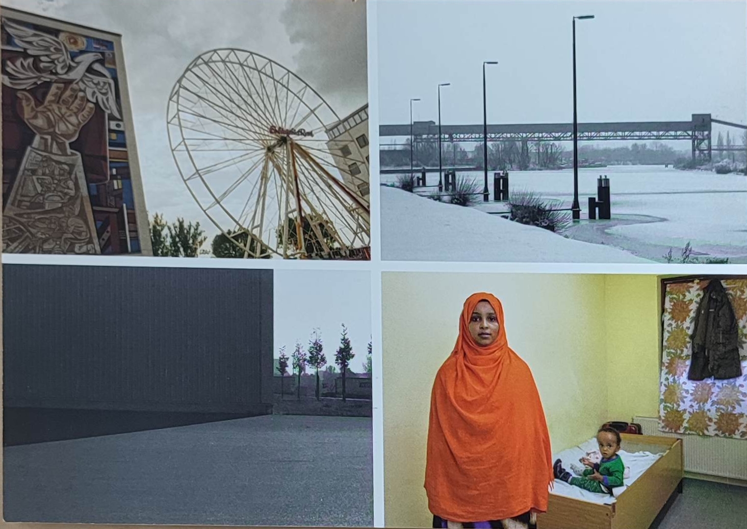 KI generiert: Das Bild ist eine Collage aus vier verschiedenen Fotos: ein Riesenrad und ein Wandgemälde, eine schneebedeckte Uferpromenade mit Laternen, eine leere Fläche mit einem dunklen Gebäude im Hintergrund und eine Frau in einem orangefarbenen Gewand mit einem Kind auf einem Bett in einem Zimmer.