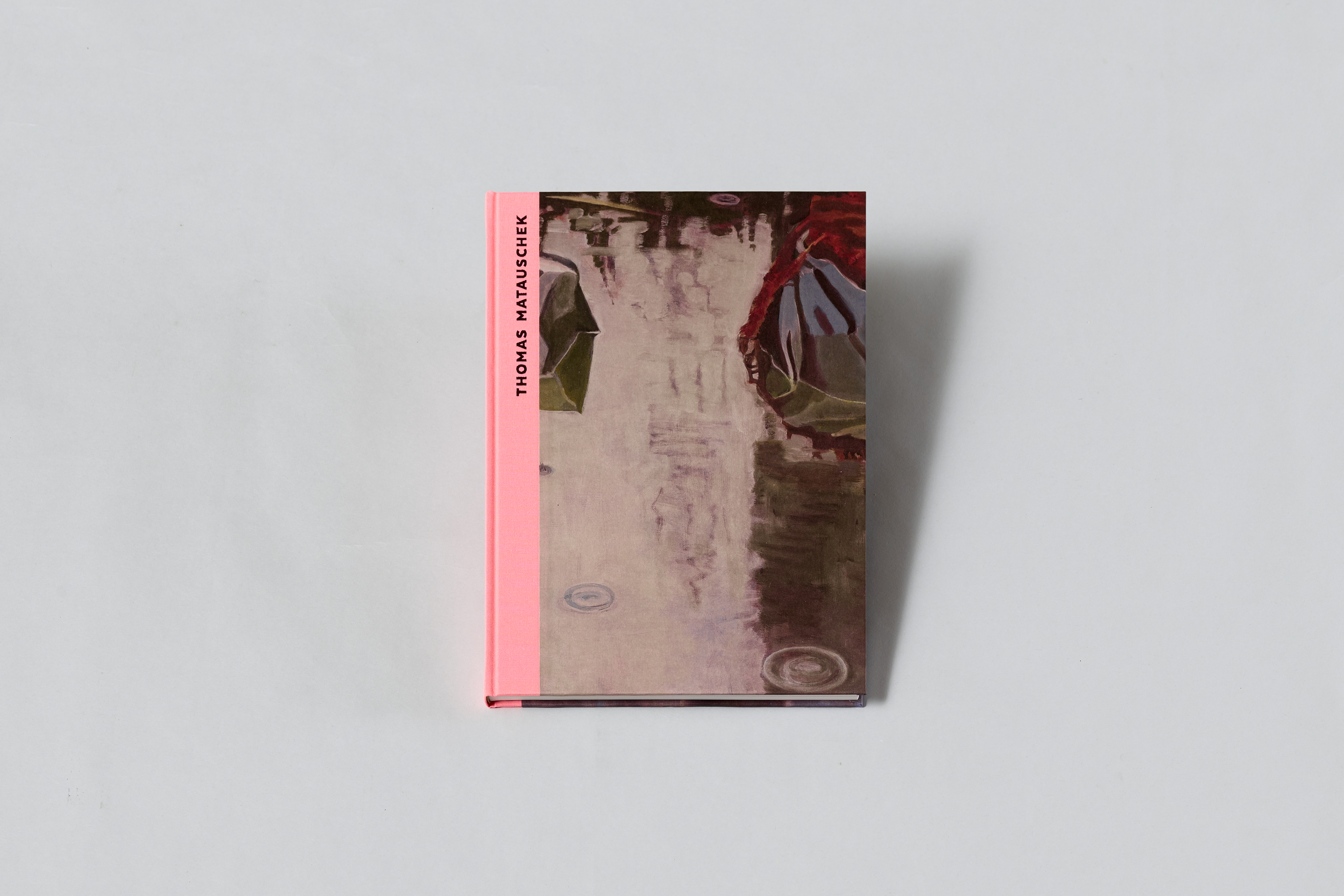AI generated: The image shows a book whose cover depicts a painting motif with water and leaves. A vertical pink stripe with the name "Thomas Kapielski" can be seen on the left-hand side of the cover.