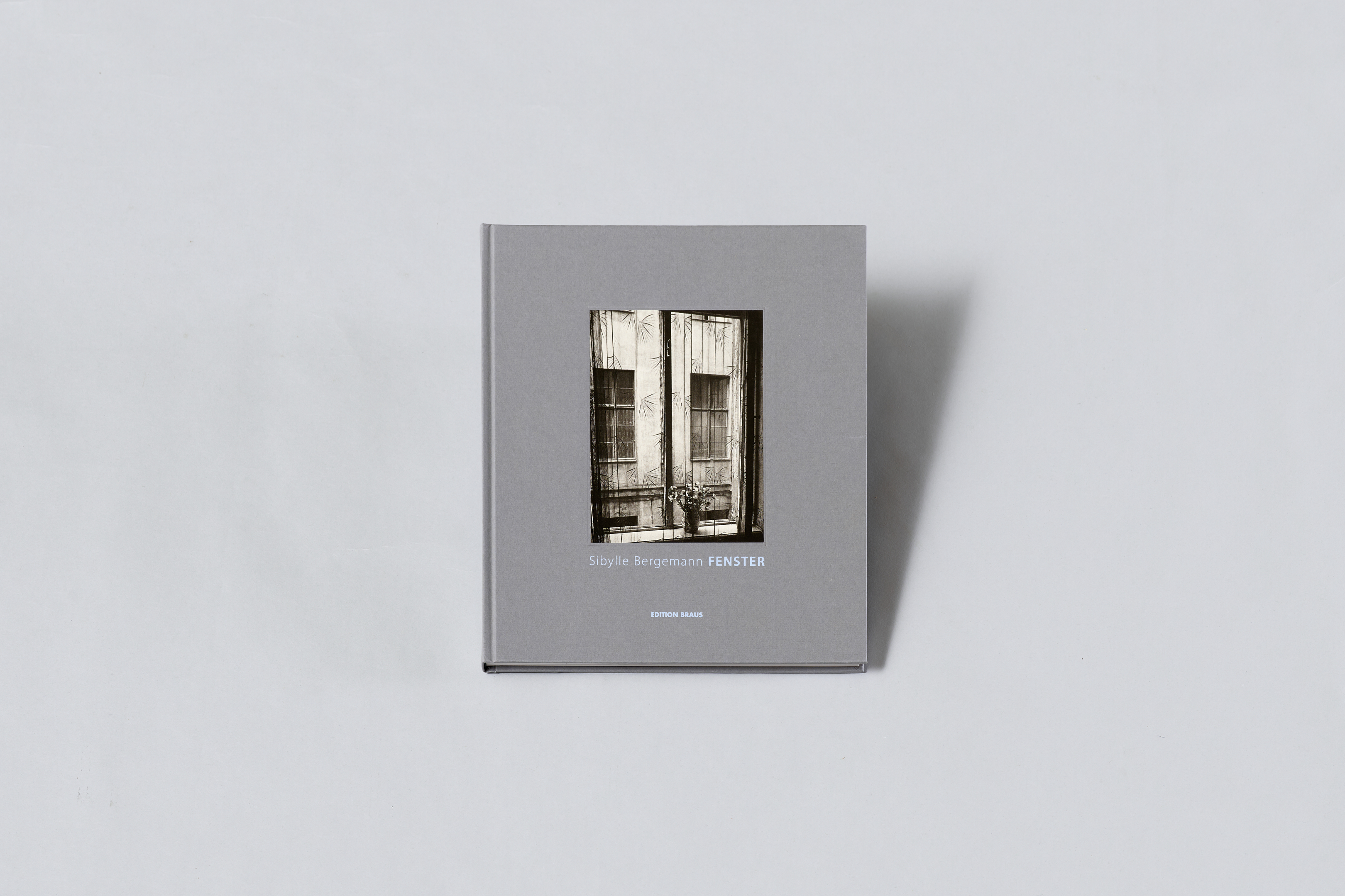 AI generated: The image shows a book with a grey cover and a central black and white photo of a window. The title of the book is "Fenster" by Sibylle Bergemann, published by Edition Braus.