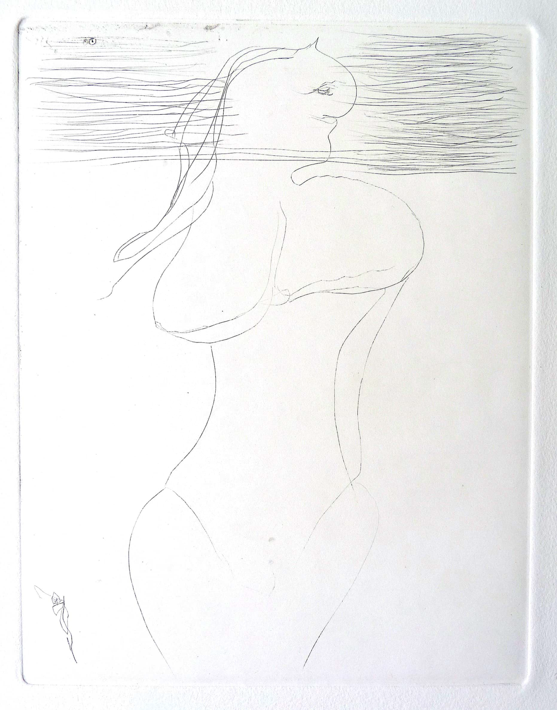 KI generiert: Das Bild zeigt eine stilisierte Zeichnung einer stehenden Figur mit langen, fließenden Linien, die eine weibliche Silhouette andeuten. Der Stil ist minimalistisch, wobei der Fokus auf den Konturen der Figur liegt.