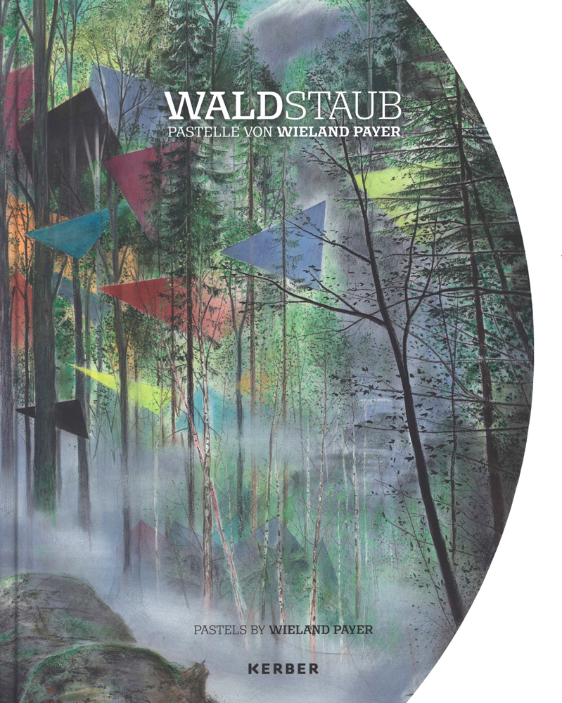 KI generiert: Das Bild zeigt das Cover eines Buches mit dem Titel "Waldstaub" von Wieland Payer. Es präsentiert eine farbenfrohe, impressionistische Darstellung eines Waldes mit pastellfarbenen geometrischen Formen zwischen den Bäumen.