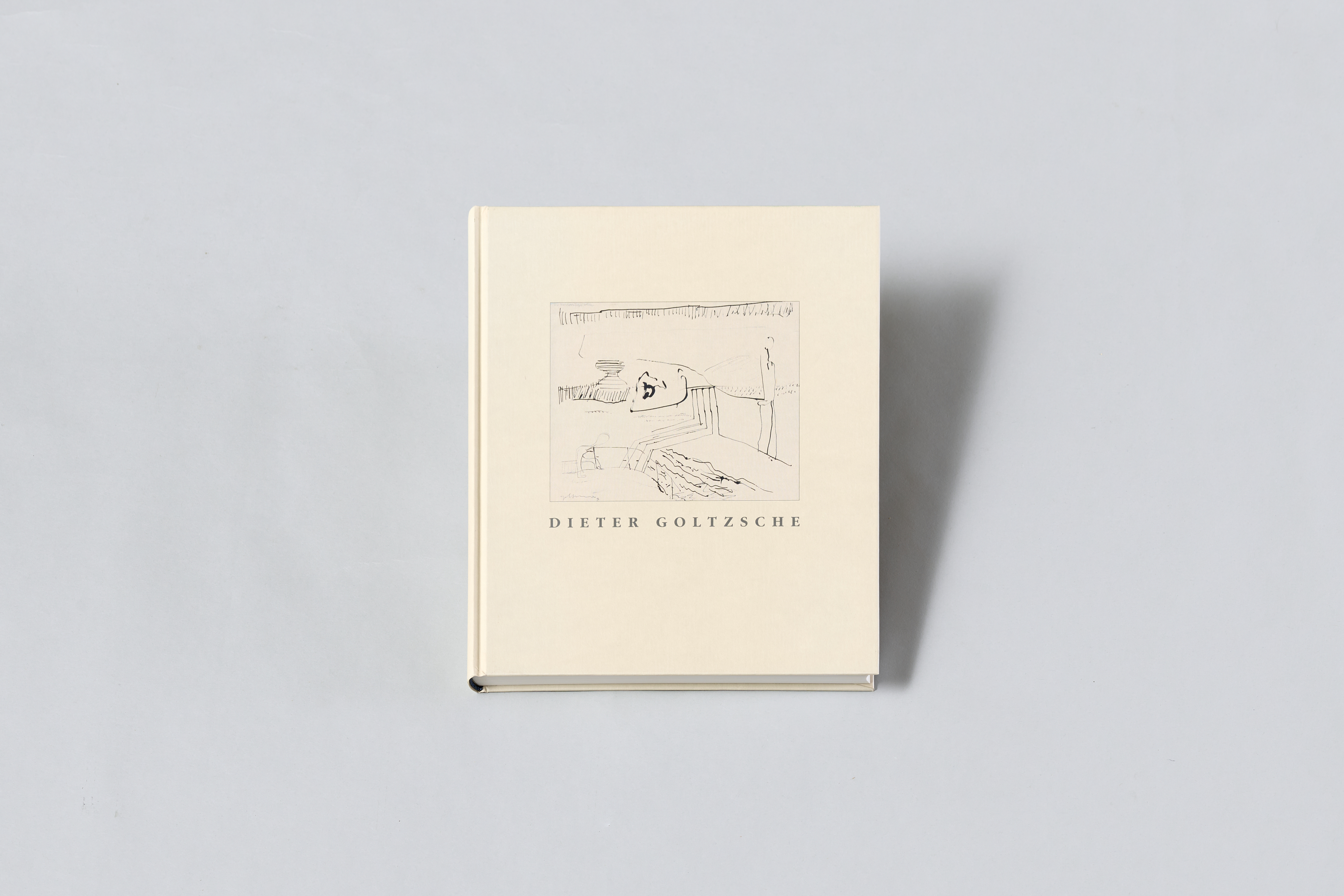 AI generated: The image shows a book with the title "Dieter Goltzsche" on a light grey background. There is a simple drawing and the name of the artist on the book cover.