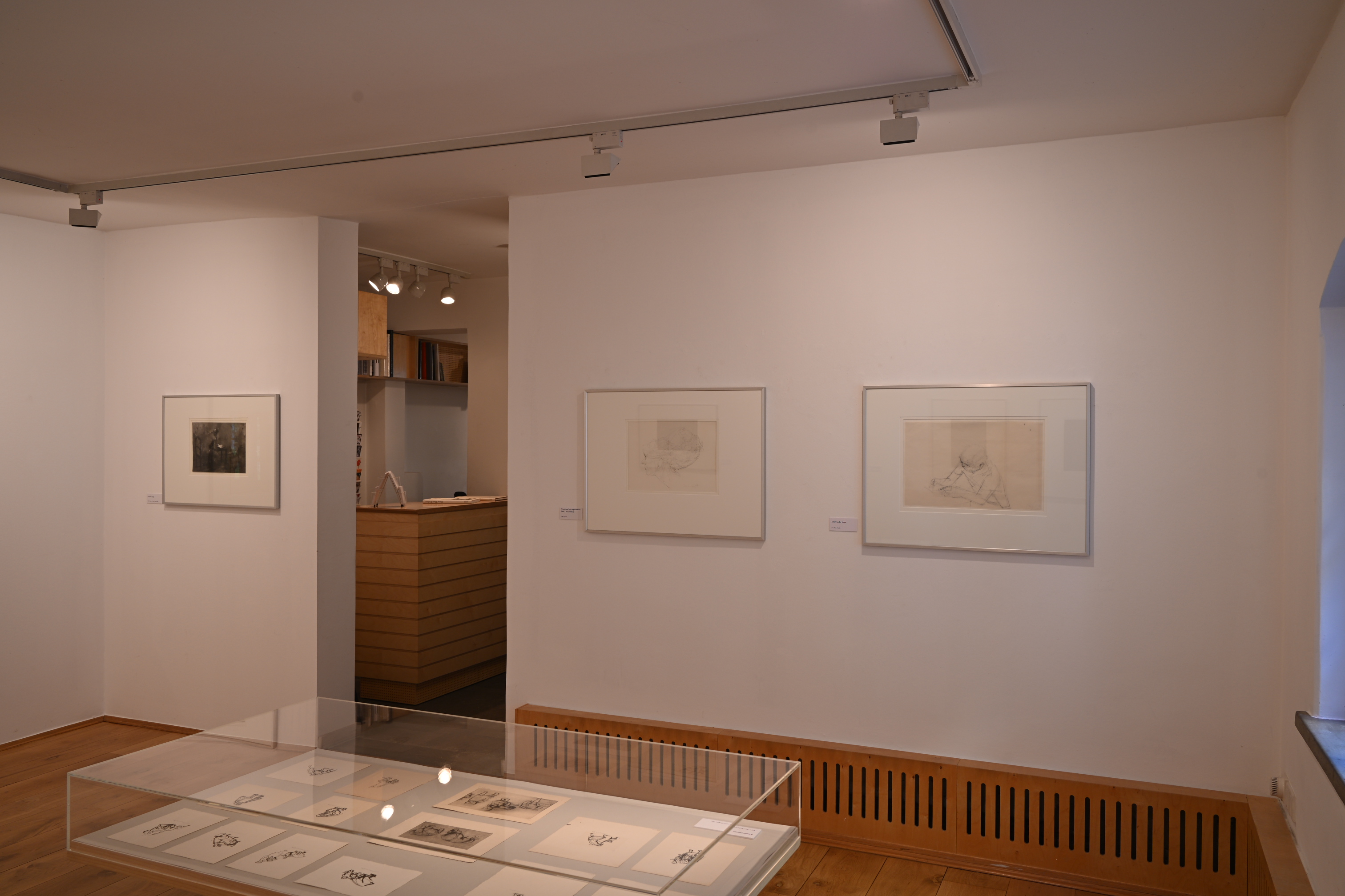 AI-generated: The image shows an exhibition space in a gallery with several framed drawings on the walls and in a glass display case. The room is simply furnished with wooden and white wall panels.