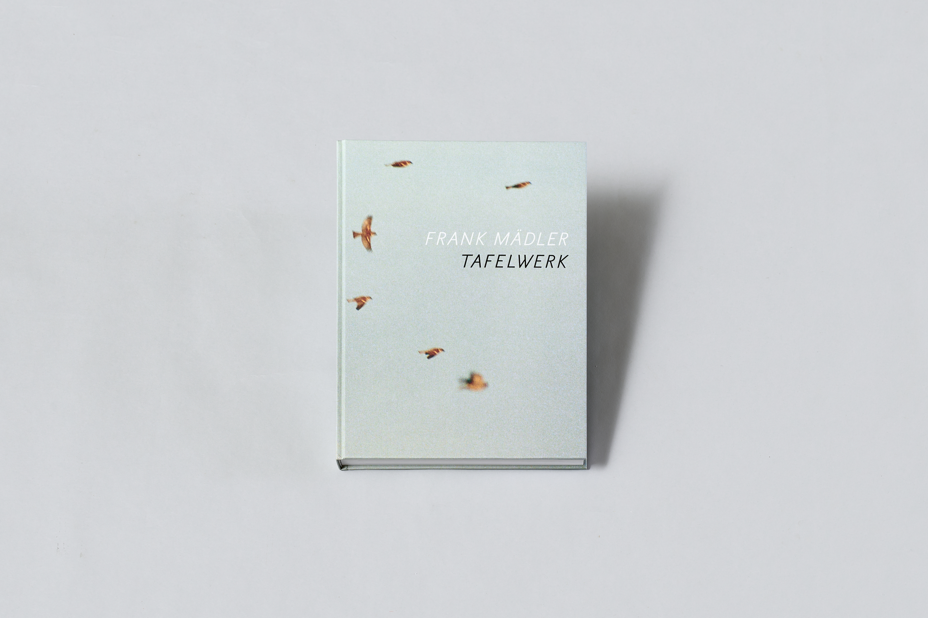 AI generated: The image shows a book with the title "Frank Mädler: Tafelwerk" on a neutral background. The cover is designed with several flying birds.