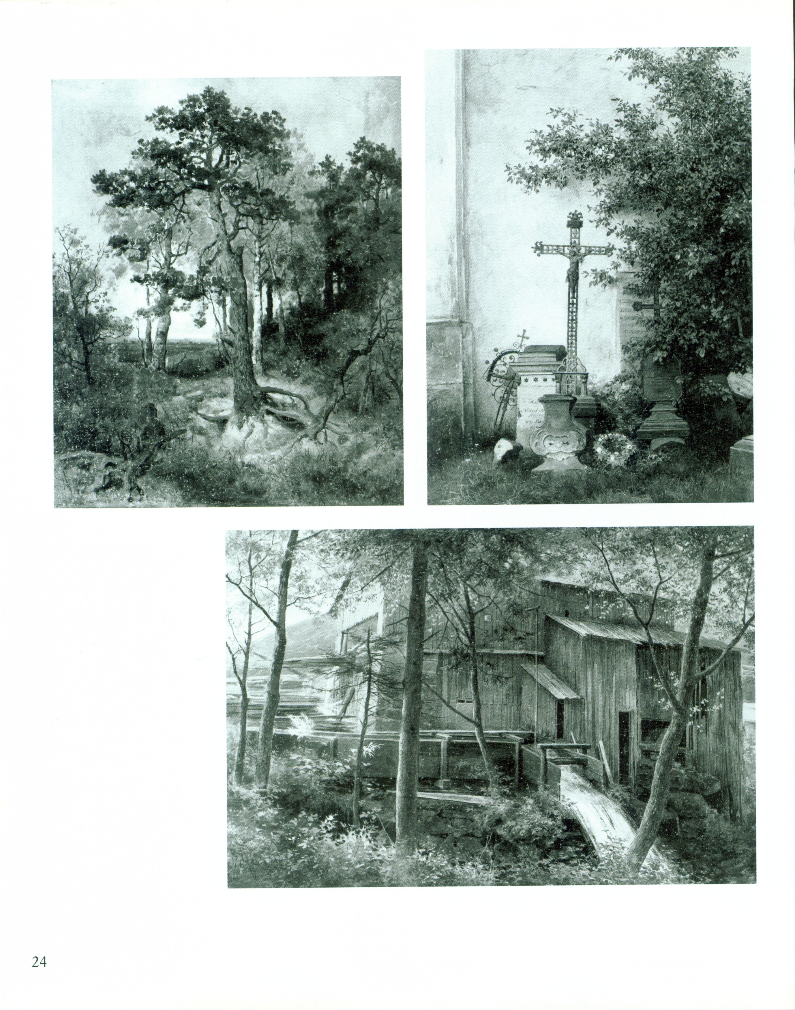 KI generiert: Das Bild zeigt drei schwarz-weiße Fotografien: ein Waldstück mit hohen Bäumen, eine Ecke mit einem dekorierten Grabkreuz und verschiedene Gefäße, sowie eine rustikale Holzkonstruktion in einer bewaldeten Umgebung. Der Hauptinhalt bezieht sich auf natürliche und rustikale Szenen mit einem Hauch von Melancholie.