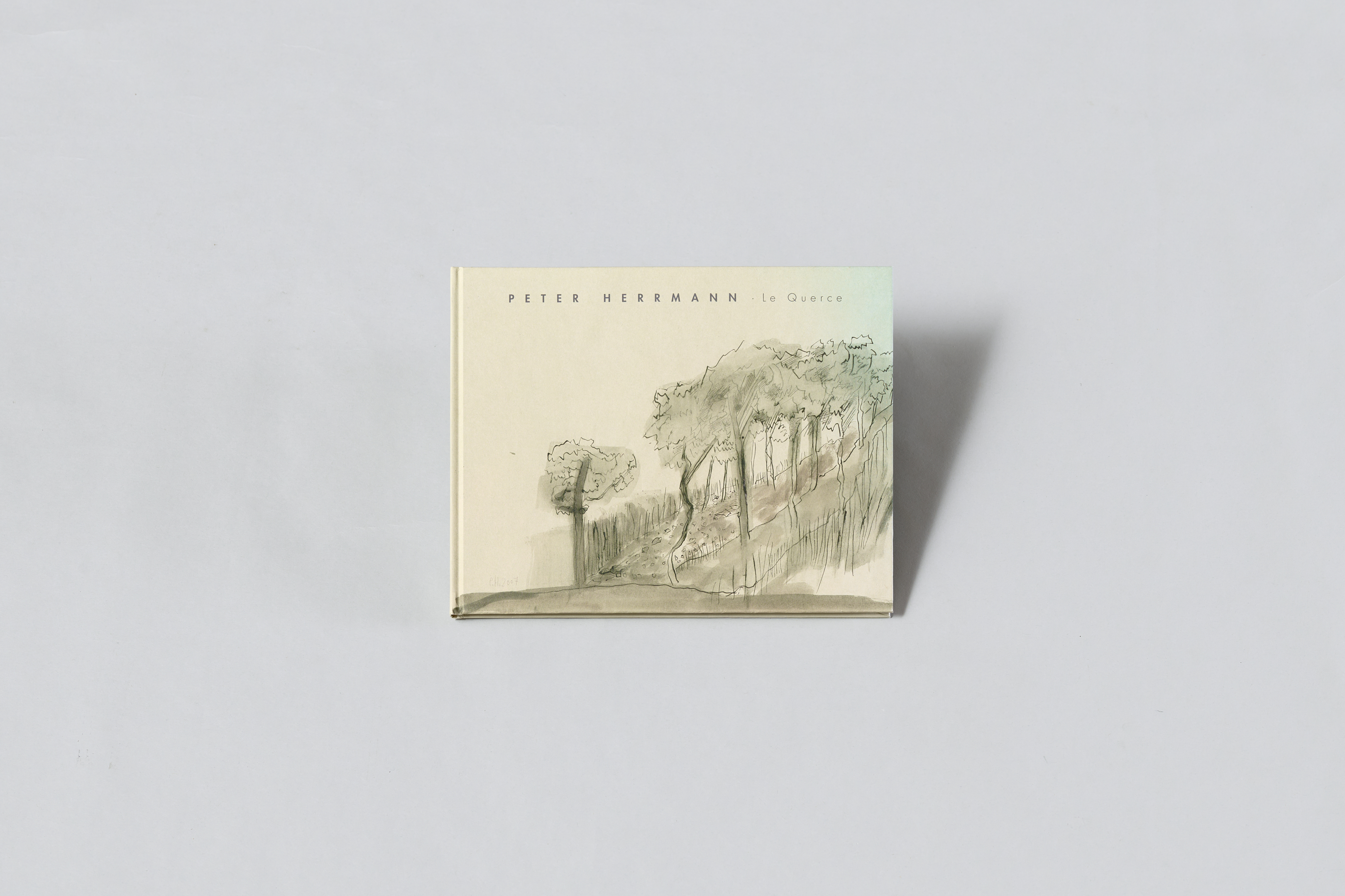 AI generated: The image shows a book with the title "Peter Herrmann - Le Querce" on a grey background. The cover of the book is illustrated with a subtle drawing of trees.