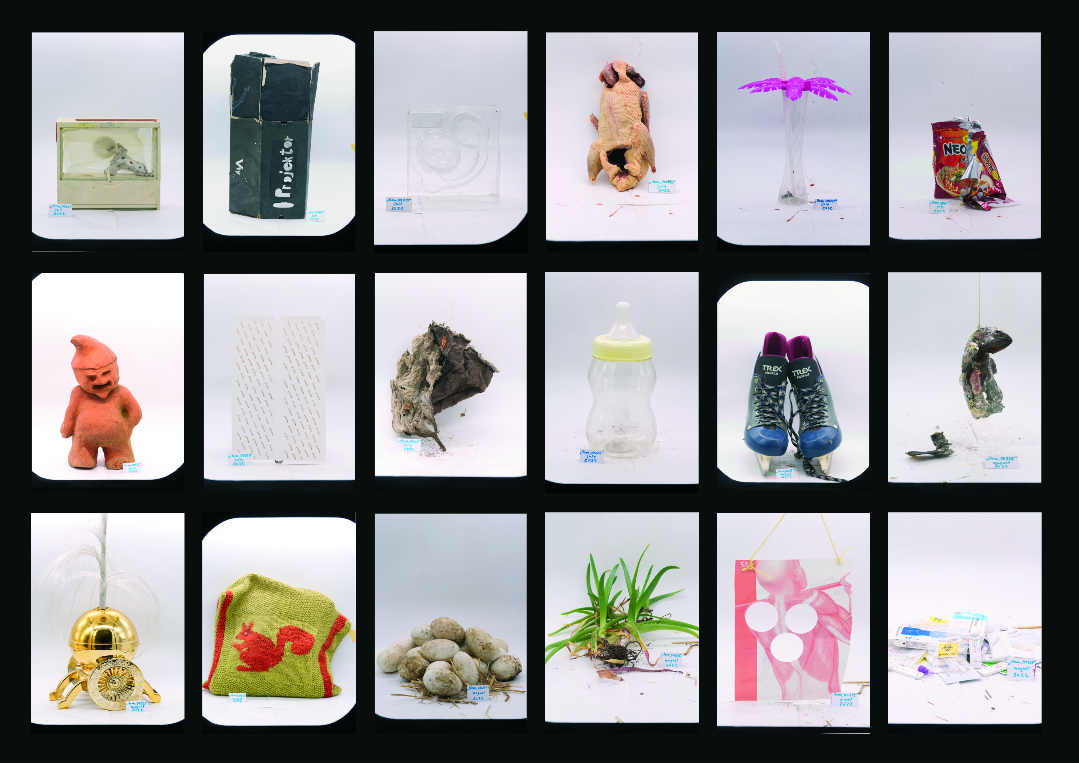 KI generiert: Das Bild zeigt eine Sammlung von verschiedenen Gegenständen, die in einem Raster angeordnet sind. Jedes Objekt ist separat fotografiert und scheint zufällig ausgewählte Alltagsgegenstände oder Fundstücke darzustellen.
