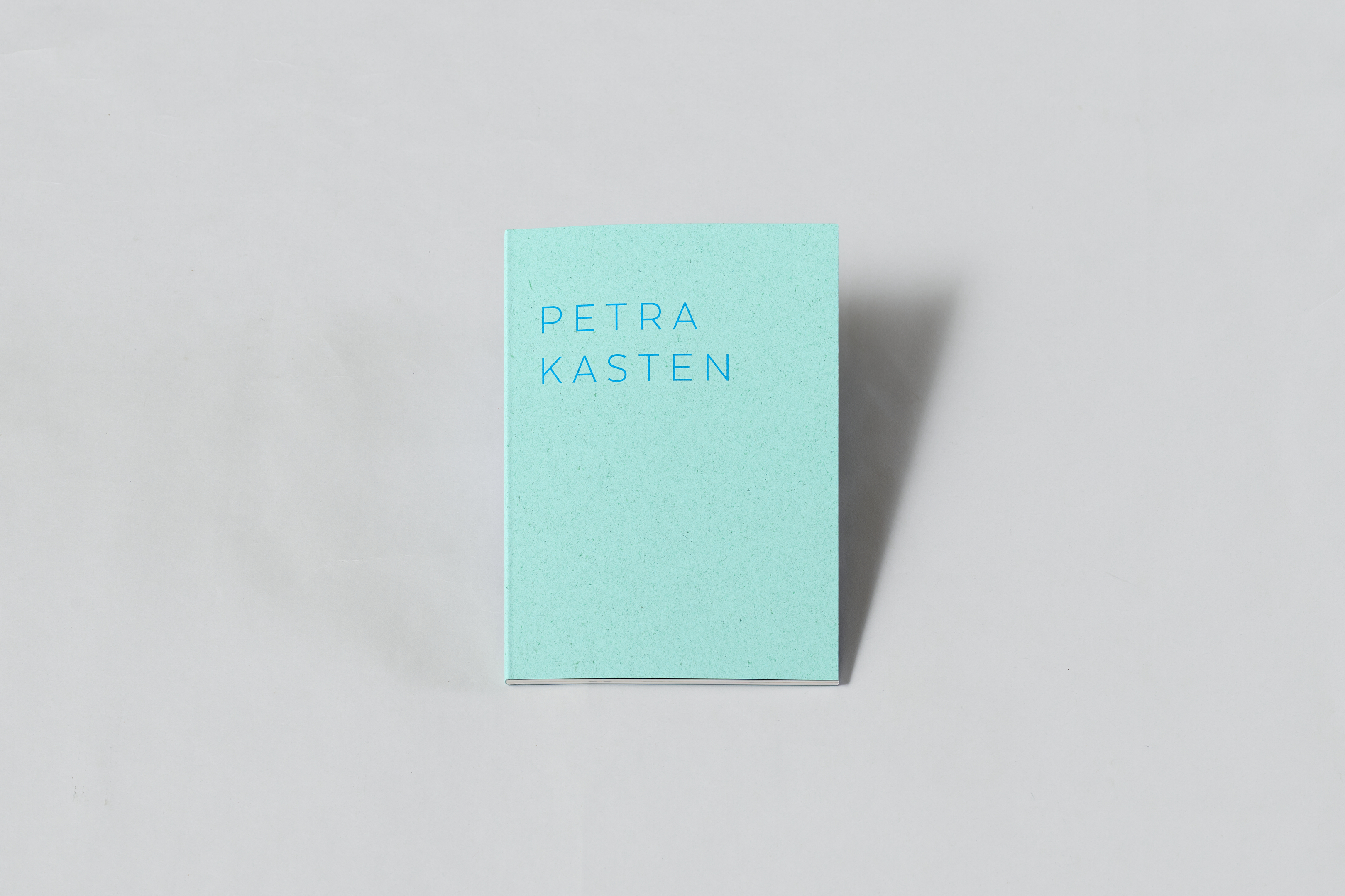 AI generated: The image shows a light blue book on a grey surface with the name "Petra Kasten" written in blue letters. The background is kept simple and minimalist.